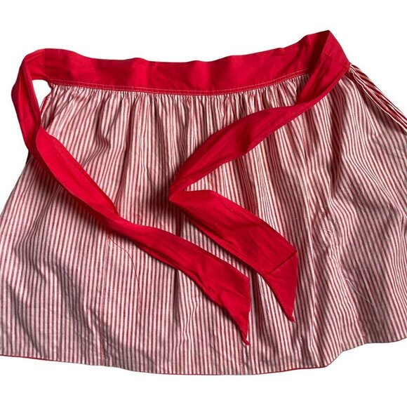 Vintage Christmas Half Apron Red White Strip Snowman Santa Toys Tree Mid Century - Picture 8 of 12